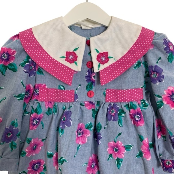 Vintage Toddler Girl Floral Polka Dot Dress 3T Big Collar Chambray 80s Cute Pink - Picture 2 of 14